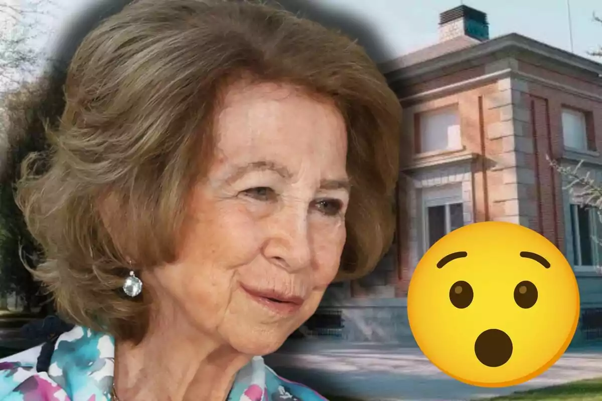 La reina Sofia somrient davant d’una casa amb un emoji de sorpresa en primer pla