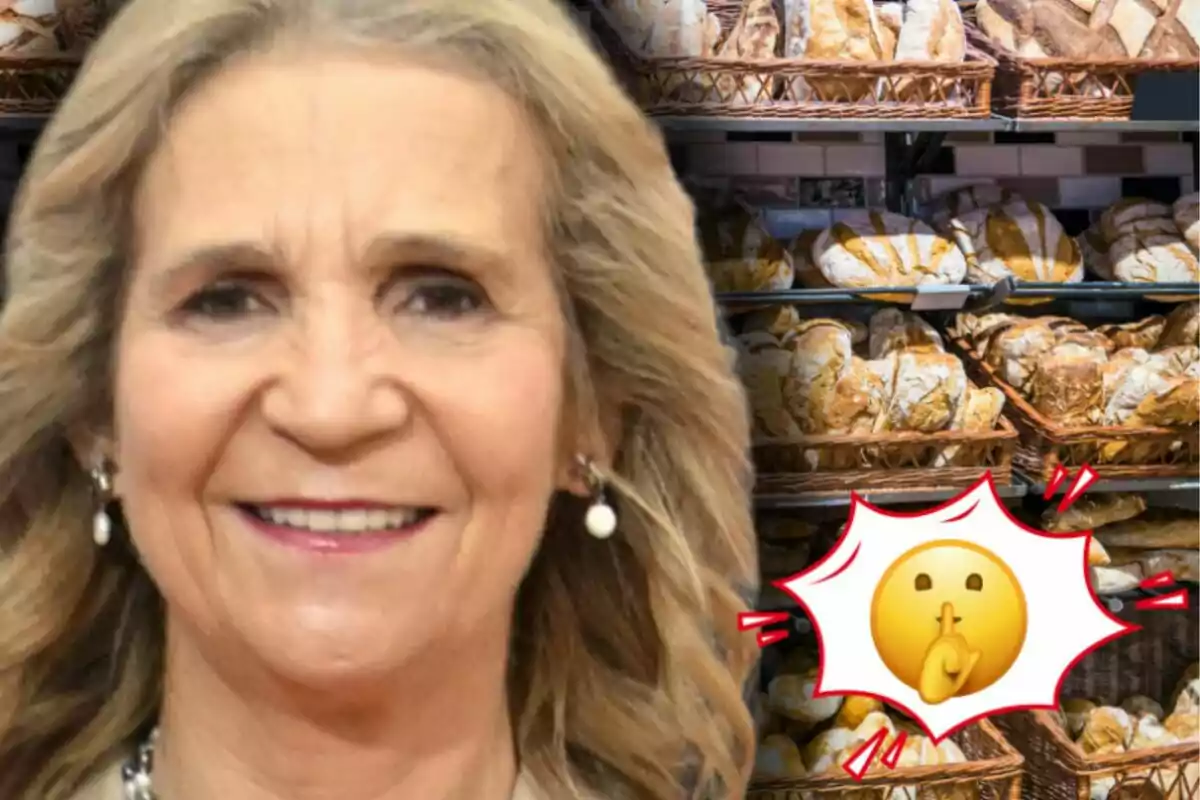 La infanta Elena somrient en primer pla amb un fons de fleca i un emoji de silenci sobre els pans.