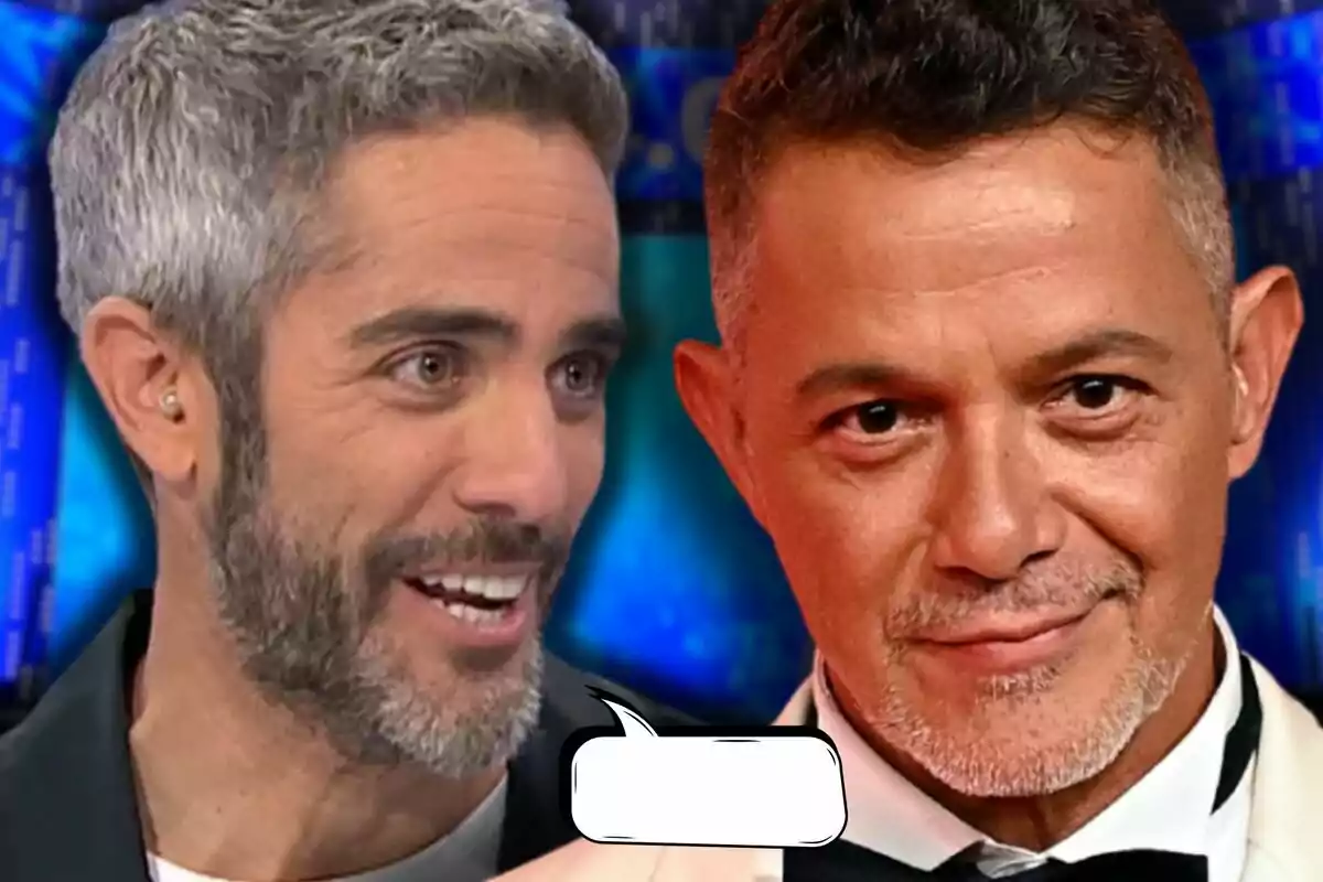 Roberto Leal y Alejandro Sanz aparecen en primer plano con una burbuja de diálogo vacía entre ellos sobre un fondo azul difuminado