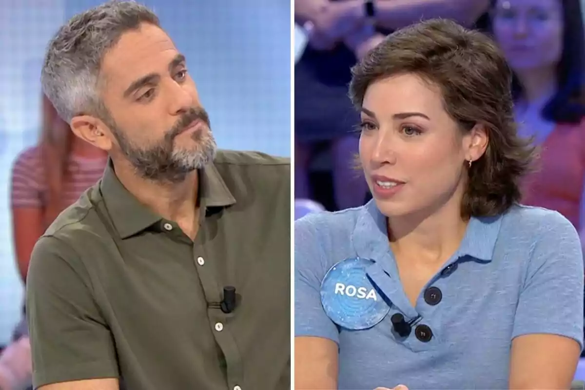 Roberto Leal con camisa verde y Rosa con camisa azul con una etiqueta que dice Rosa están participando en un programa de televisión. Roberto Leal con camisa verde y Rosa con camisa azul con una etiqueta que dice Rosa están participando en un programa de televisión.