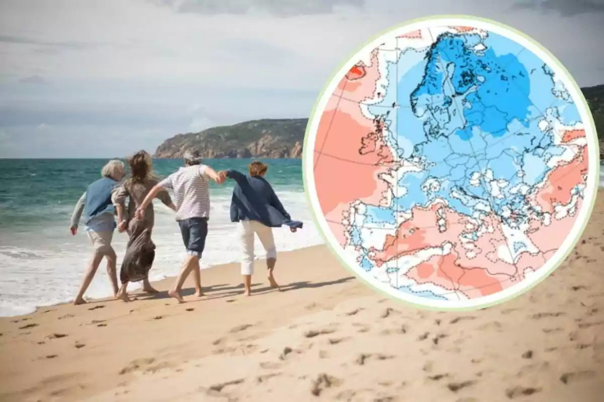 Quatre persones caminen per la vora d’una platja mentre a la cantonada superior dreta apareix un mapa d’Europa amb zones en blau i vermell indicant temperatures. Quatre persones caminen per la vora d’una platja mentre a la cantonada superior dreta apareix un mapa d’Europa amb zones en blau i vermell indicant temperatures.
