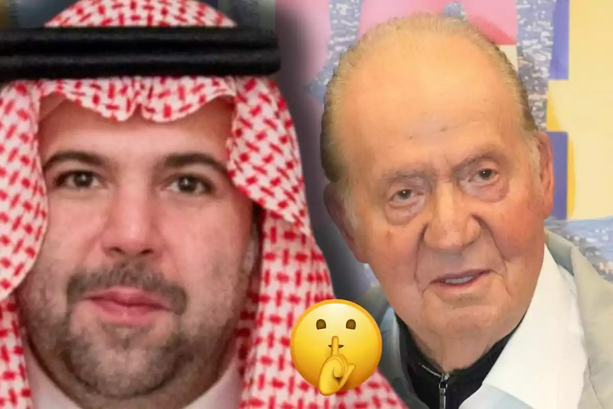 Abdullah bin Saad and Juan Carlos I appear together in the image, one is wearing a red and white keffiyeh and the other is older, in the center there is a silence emoji.