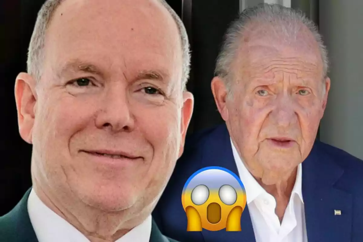 Albert of Monaco and Juan Carlos I in the foreground with a surprised emoji between them