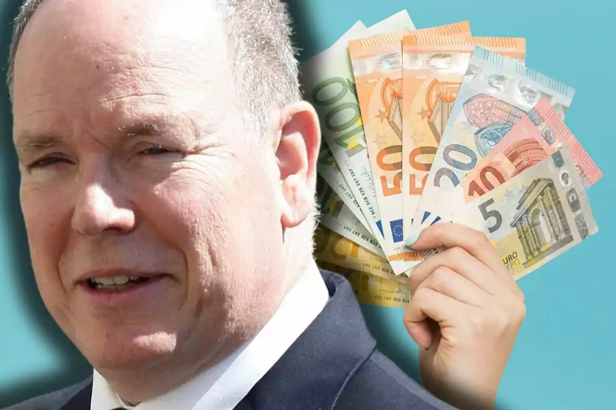 Albert de Mònaco amb vestit al costat d’una mà que sosté diversos bitllets d’euro sobre un fons blau