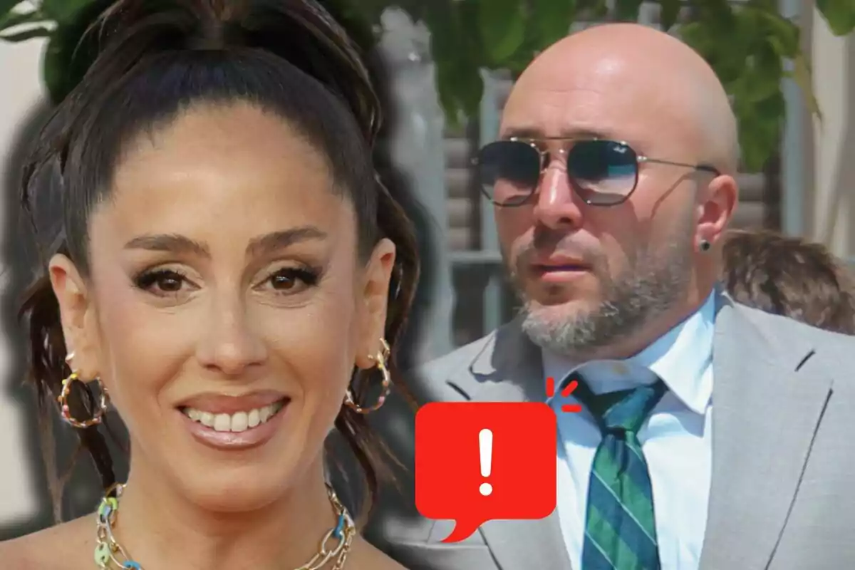 Anabel Pantoja somrient en primer pla i Kiko Rivera amb ulleres de sol i vestit al fons, al costat d’una icona vermella d’advertència amb un signe d’exclamació.