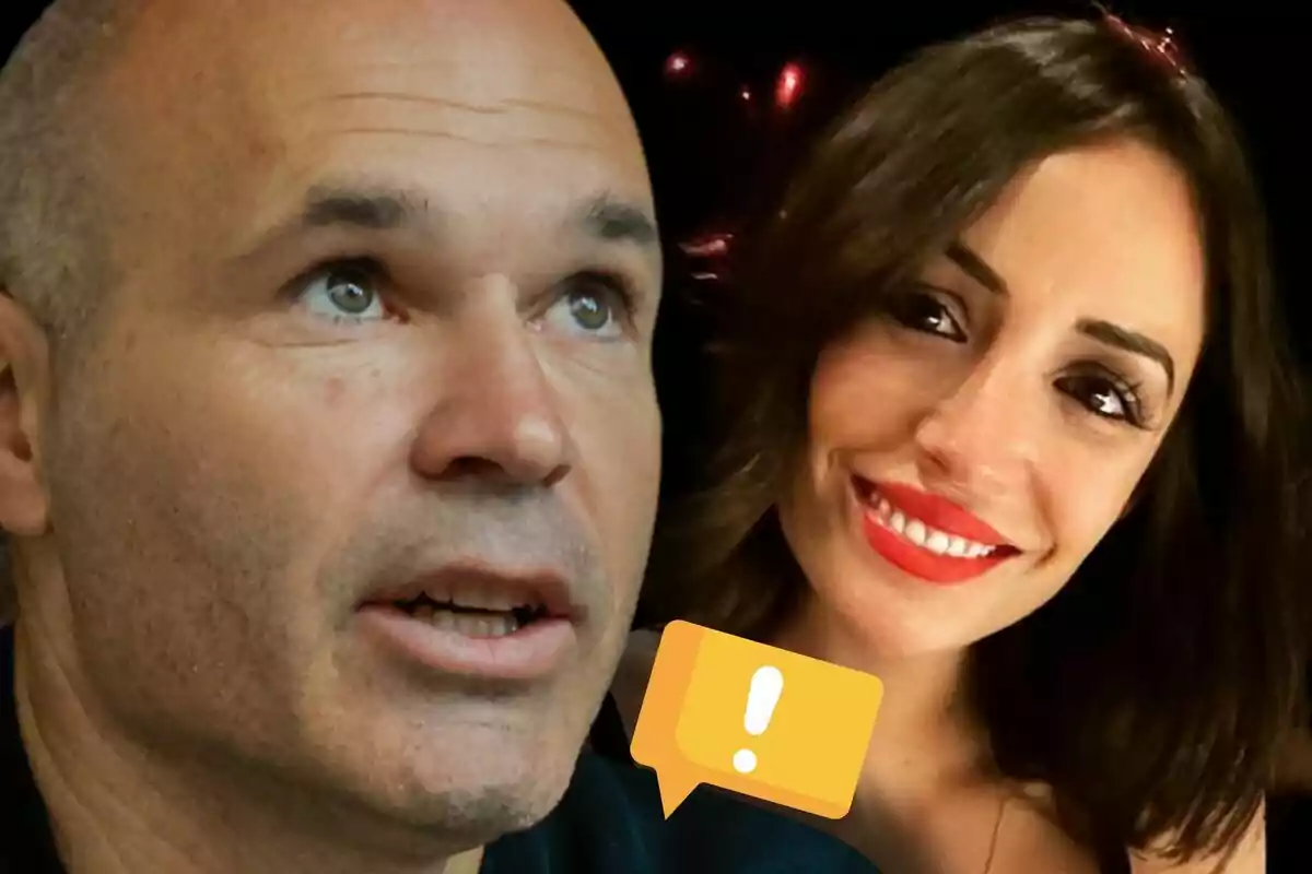 Primer plano de Andrés Iniesta mirando hacia arriba y Anna Ortiz sonriendo con un ícono de mensaje amarillo con un signo de exclamación