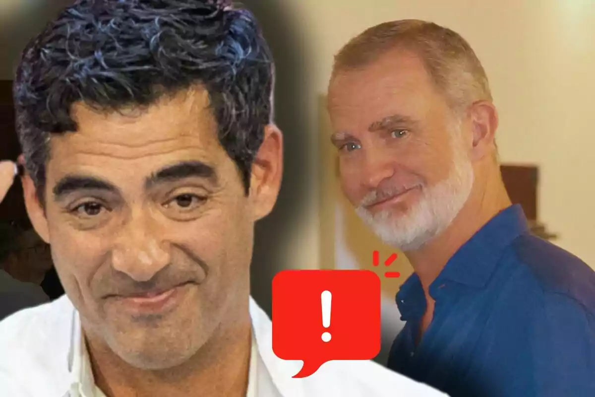 Andreu Genestra y Felipe VI en primer plano con una expresión facial seria y un ícono de advertencia rojo entre ellos