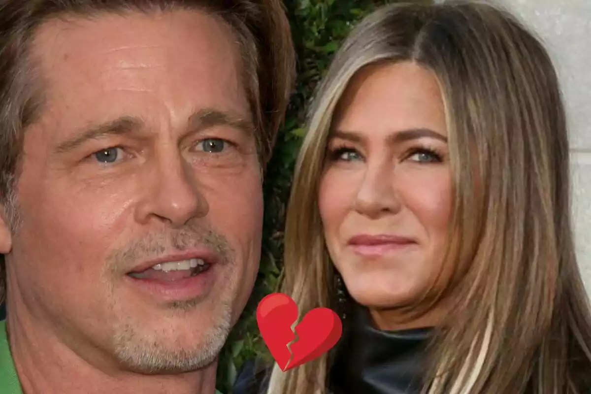 Brad Pitt and Jennifer Aniston look at the camera with a broken heart emoji between them.
