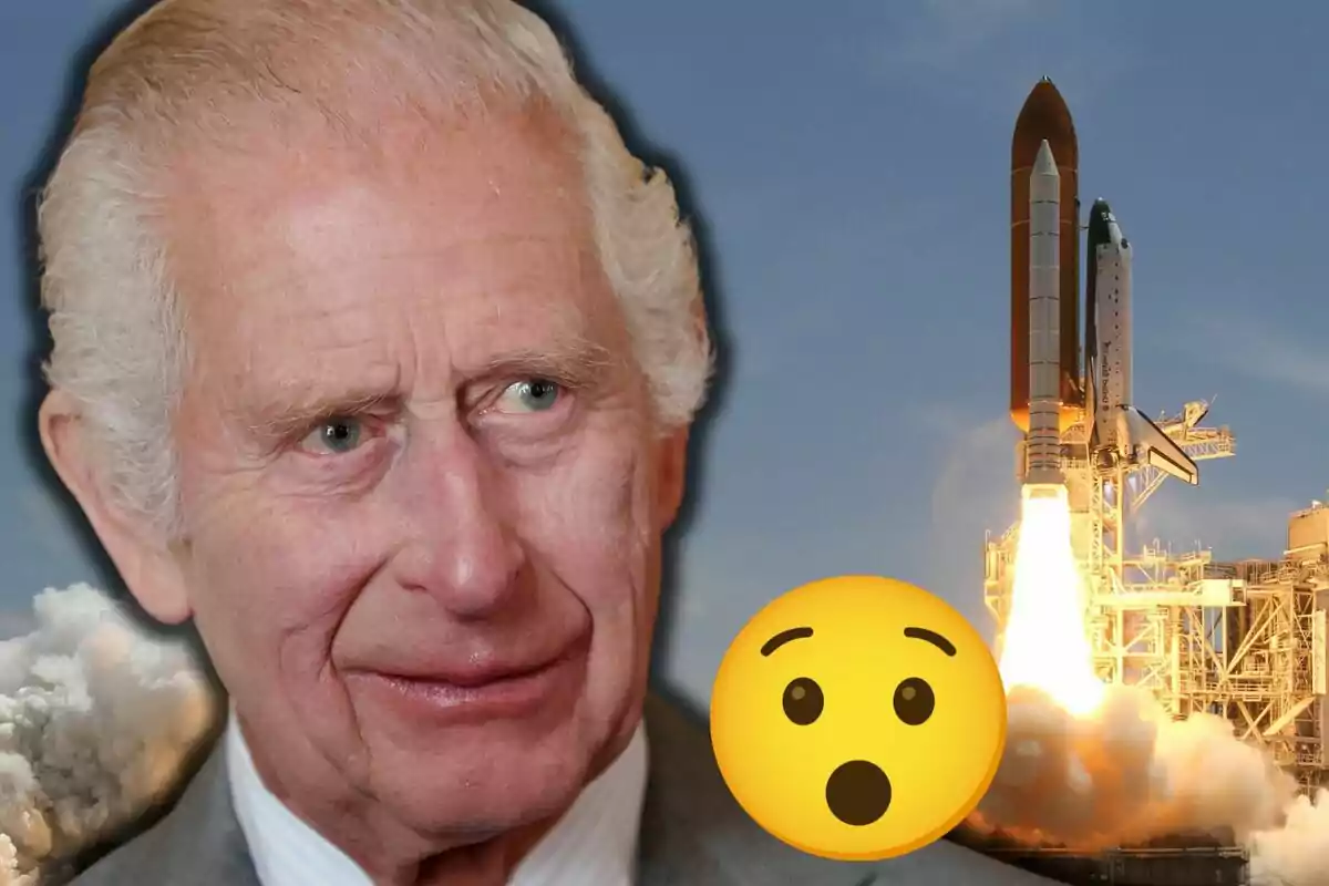 Carles III amb expressió seriosa apareix al costat d’un emoji sorprès i un coet enlairant-se al fons.
