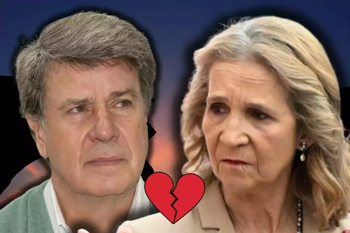 Cayetano Martínez de Irujo y la infanta Elena se miran con expresiones serias y entre ellos hay un corazón roto rojo