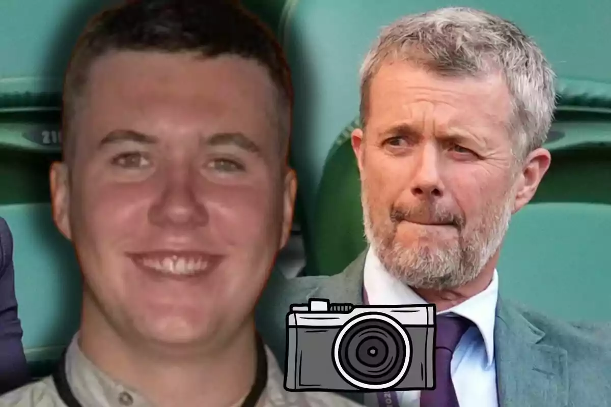 Christian and Frederik of Denmark appear together in the picture; one of them is smiling and the other has a serious expression. In the foreground, there is a drawing of a camera.