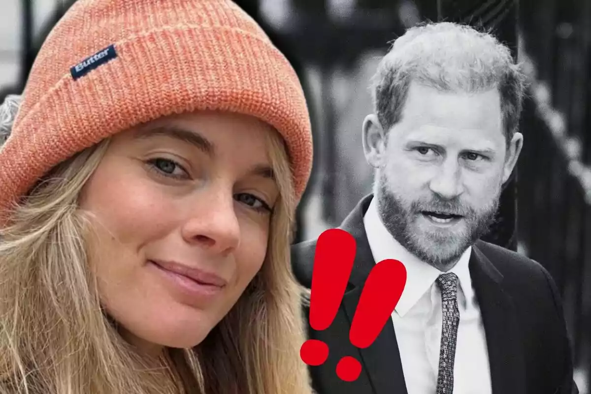 Cressida Bonas amb gorra taronja somriu en primer pla mentre el príncep Harry amb vestit apareix en blanc i negre al fons al costat de dos signes d’exclamació vermells.