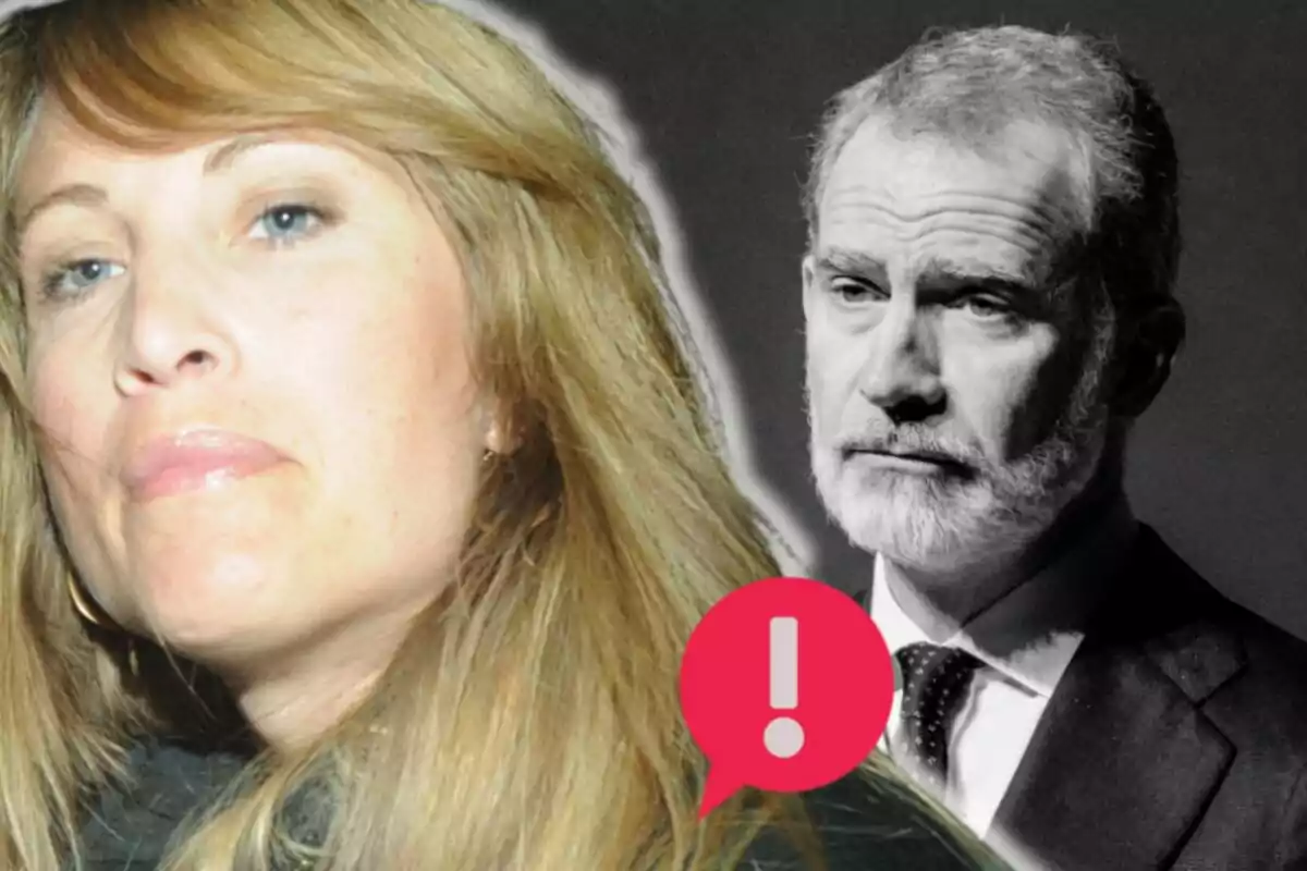 Eva Sannum en primer plano con expresión seria y Felipe VI en el fondo en blanco y negro, junto a un ícono de advertencia rosa
