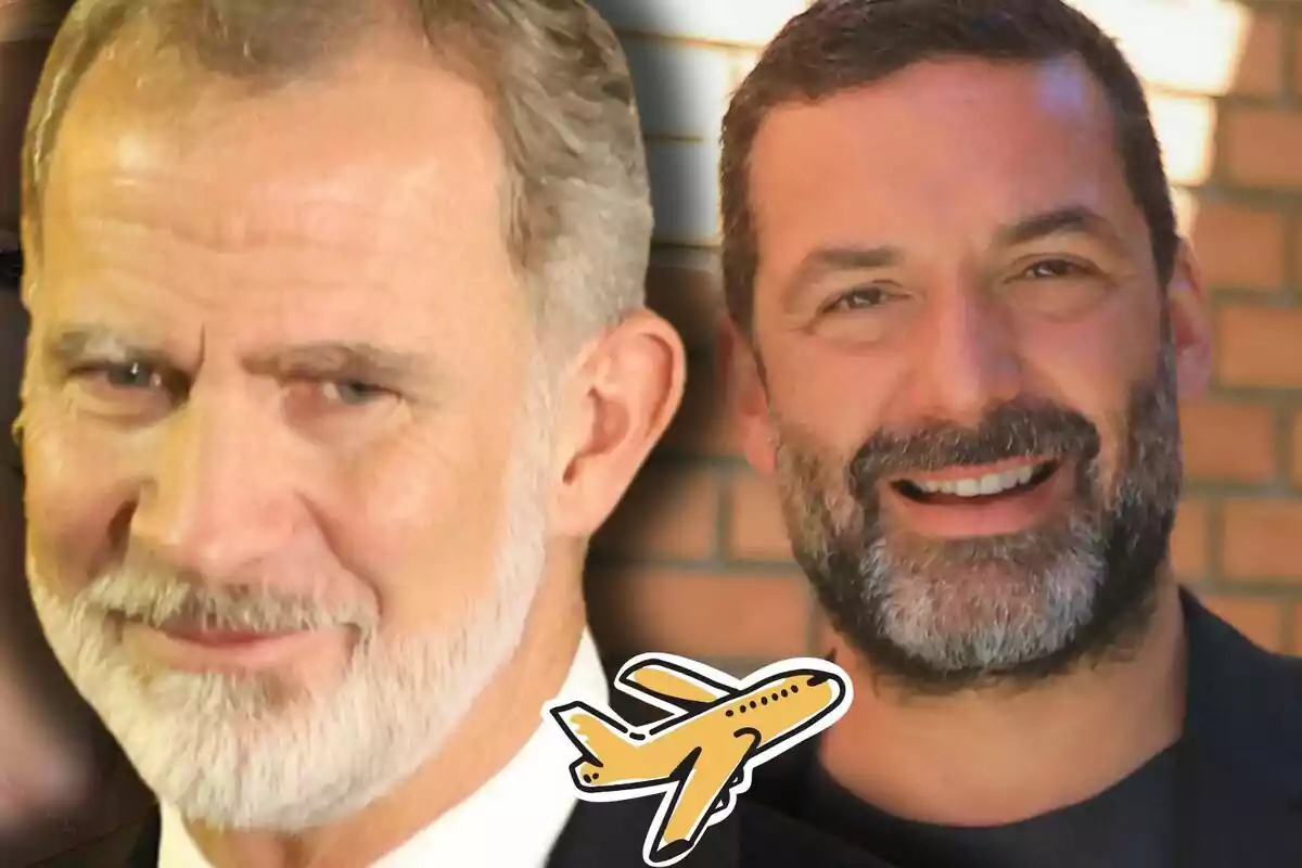 Felip VI i Jaume Anglada somriuen i en primer pla hi ha un dibuix d’un avió groc