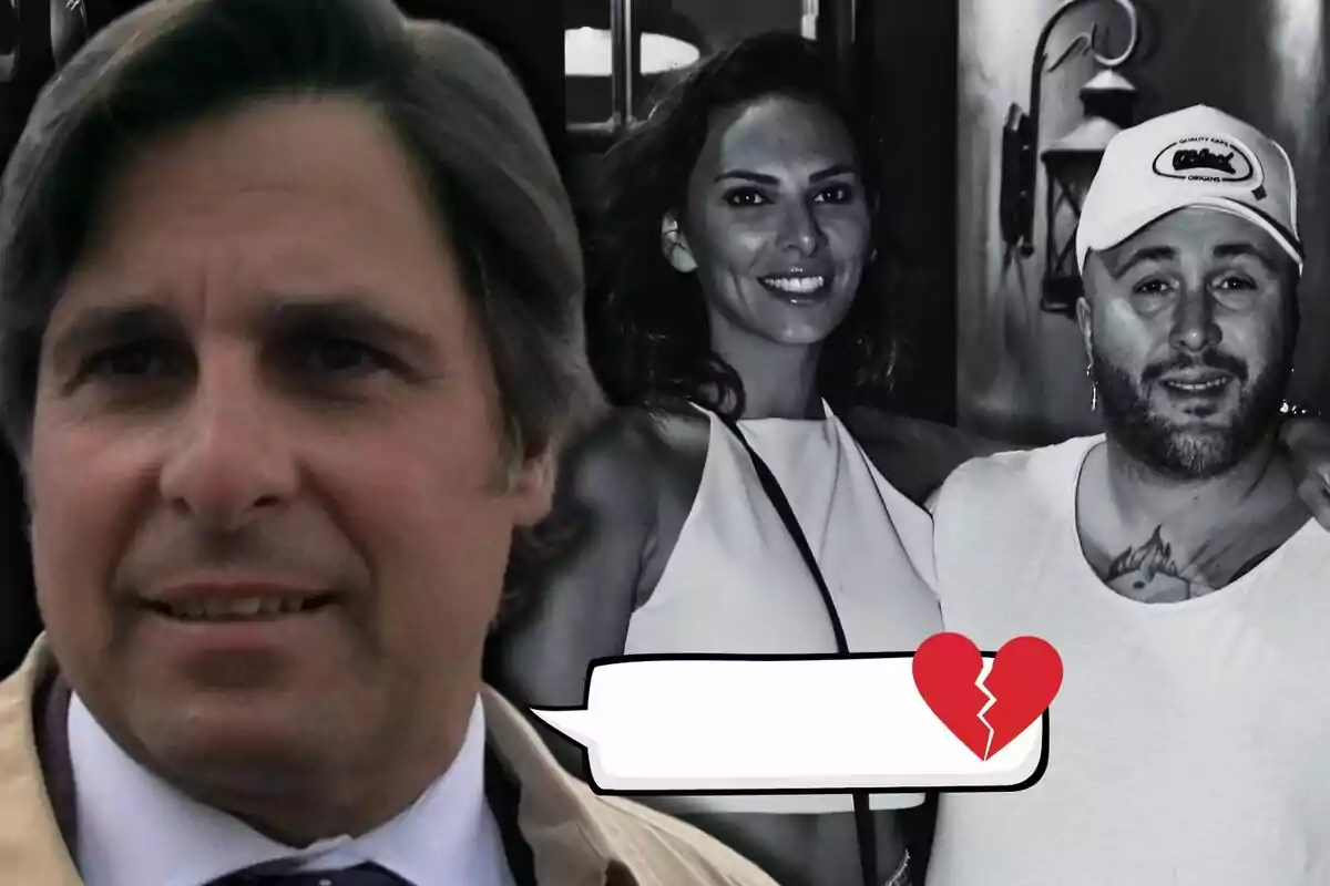 Fran Rivera en primer pla i al fons Irene Rosales i Kiko Rivera somrient en blanc i negre amb un dibuix de cor trencat sobre una bafarada de diàleg.