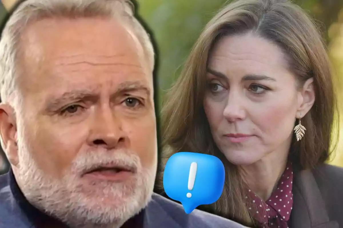 Gary Goldsmith with a serious expression is next to Kate Middleton, who looks worried; between them, there is a blue icon with an exclamation mark.