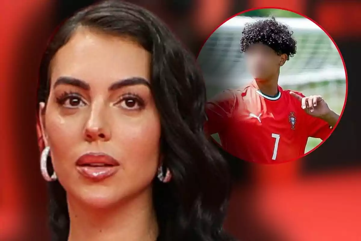Georgina Rodríguez with large earrings in the foreground and, in the background, Cristiano Ronaldo Jr wearing a red soccer jersey with his face blurred.