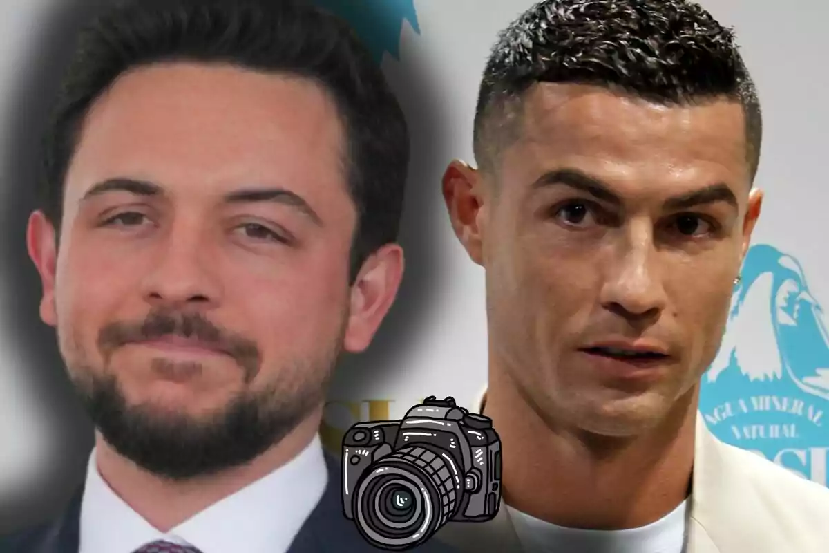 Hussein of Jordan and Cristiano Ronaldo appear together in a photo montage with a camera illustration in the center.