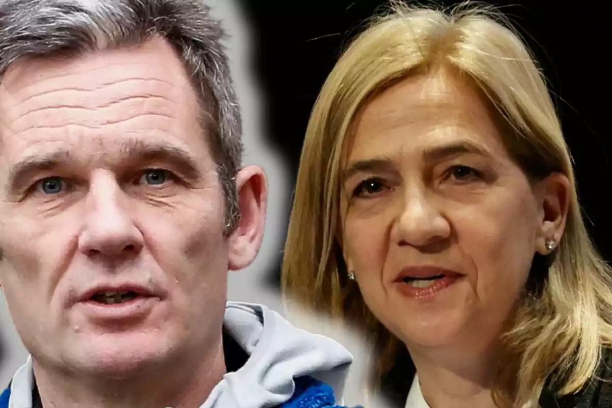Primer pla d’Iñaki Urdangarin i la infanta Cristina, tots dos mirant cap a la càmera amb un fons fosc difuminat.