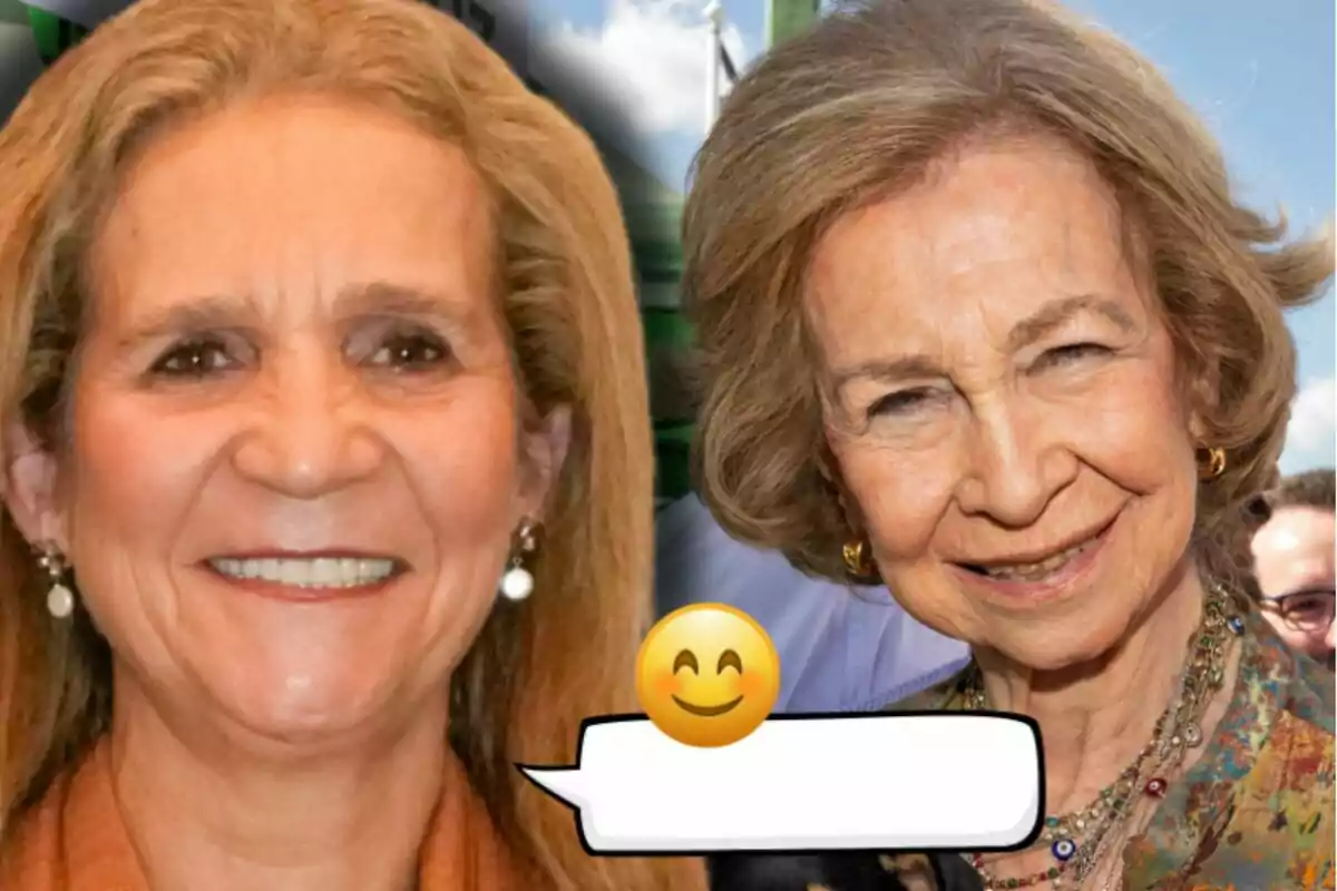 La infanta Elena y la reina Sofía sonríen a la cámara con un emoji sonriente y un recuadro de texto en la parte inferior central de la imagen.