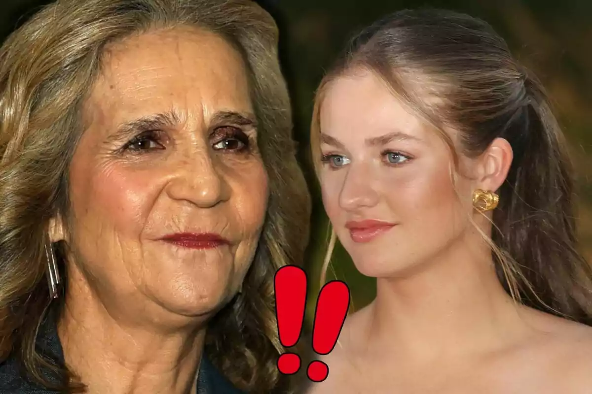 Infanta Elena and Princess Leonor appear side by side with two red exclamation marks in the center of the image.