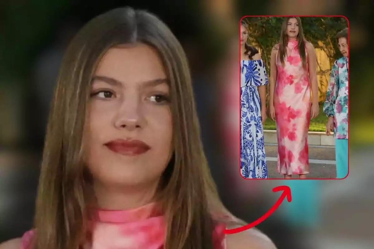 La infanta Sofia amb un vestit llarg de colors rosa i blanc amb un requadre que mostra l’atuell complet al costat d’altres persones