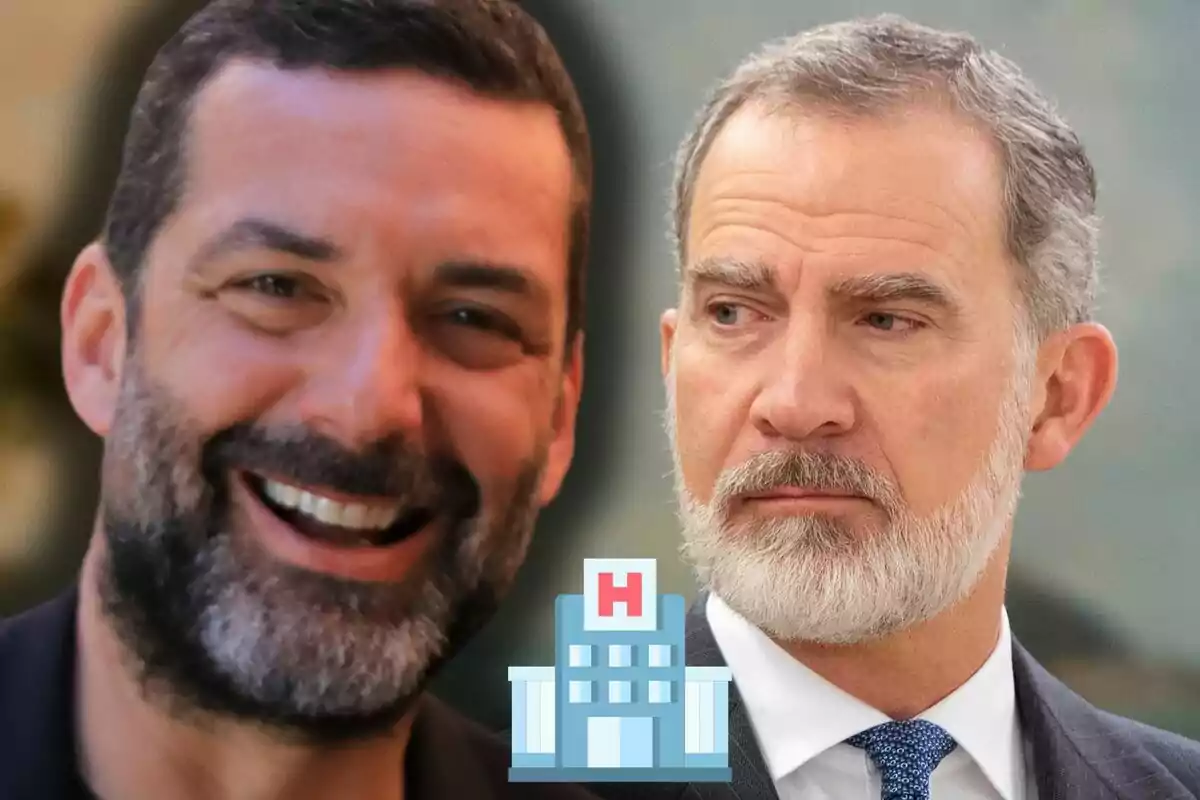 Jaime Anglada i Felip VI amb expressions oposades i una icona d’hospital al centre