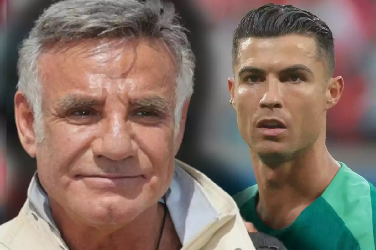 Joaquín Torres y Cristiano Ronaldo aparecen en primer plano, uno de cabello canoso y el otro de cabello oscuro, ambos mirando hacia el frente.