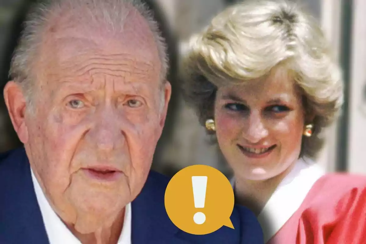 Joan Carles I i Lady Di somrient apareixen junts amb una icona d’exclamació groga al davant