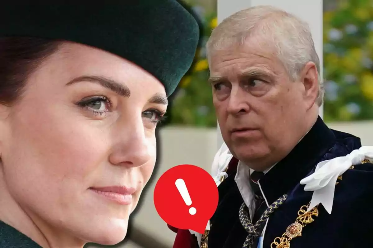 Primer pla de Kate Middleton amb barret fosc mirant cap a l'esquerra i el príncep Andreu vestit amb uniforme formal al fons, amb una icona d'advertència vermella al centre