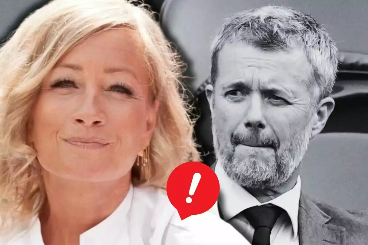 Maria Montell smiling in the foreground and Frederik of Denmark in black and white in the background with a red warning icon between them