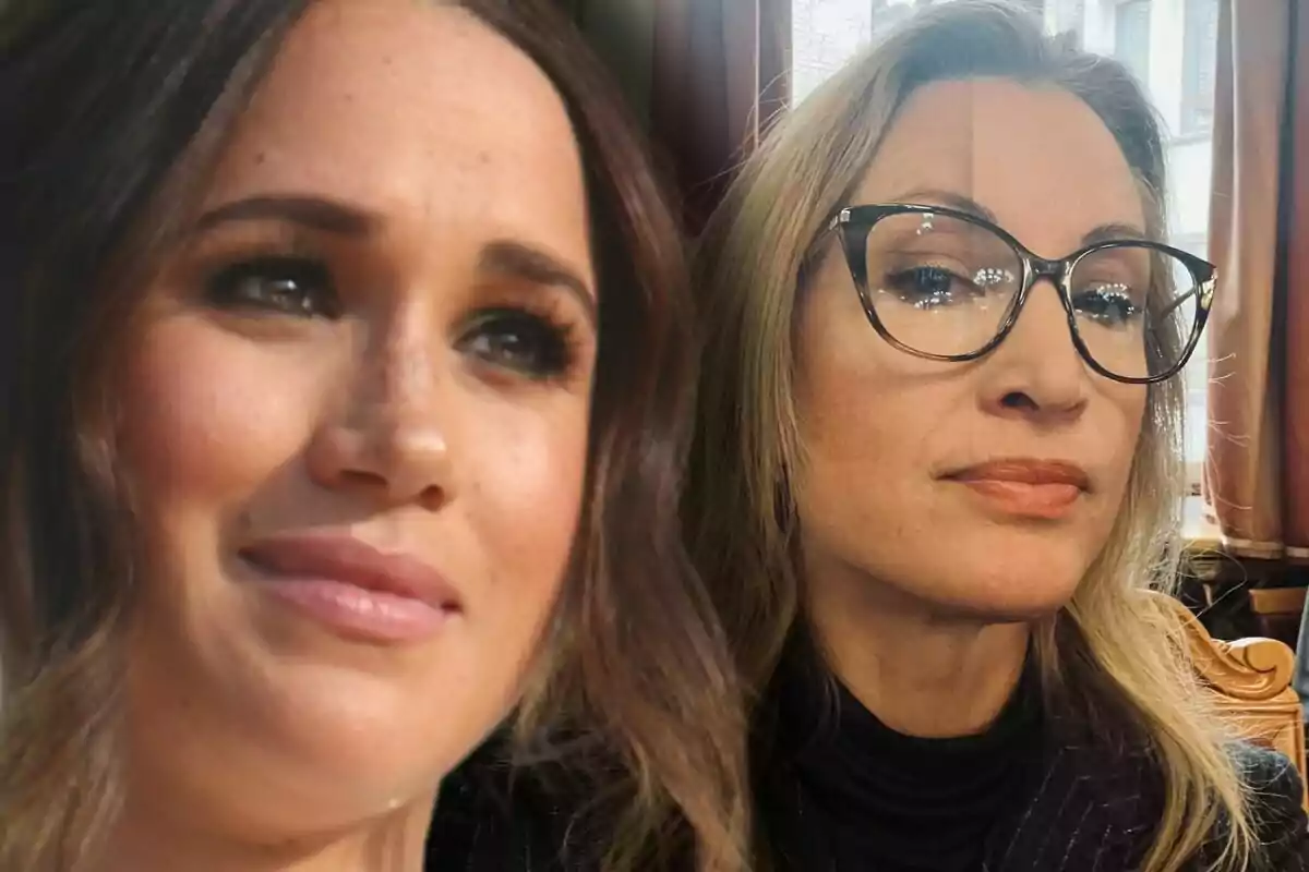 Meghan Markle and Eva Sannum looking in different directions, one with brown hair and the other blonde with glasses, both with serious expressions.