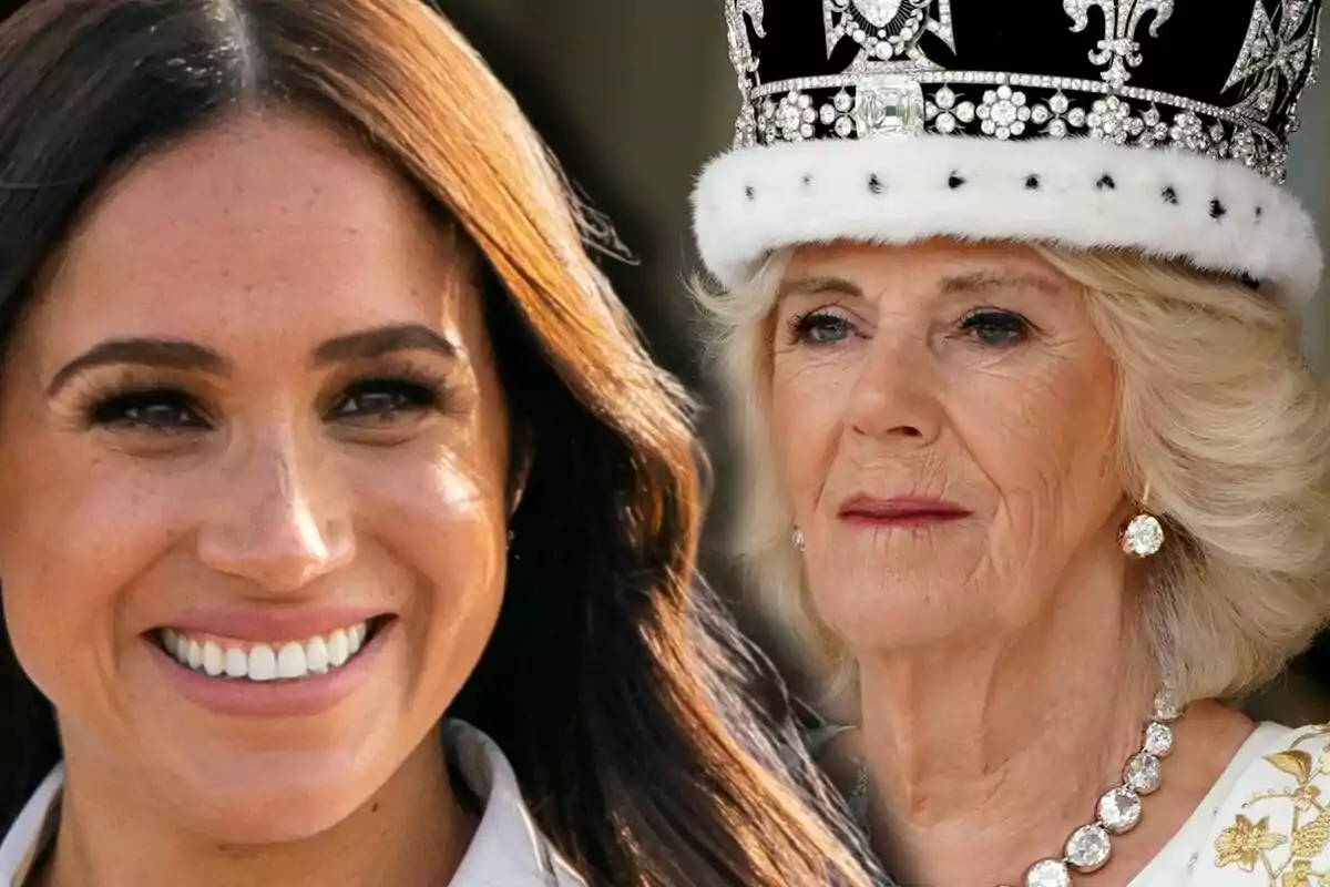 Meghan Markle and Queen Camilla, one young woman smiling and another older with a crown and jewels, appear in the foreground.