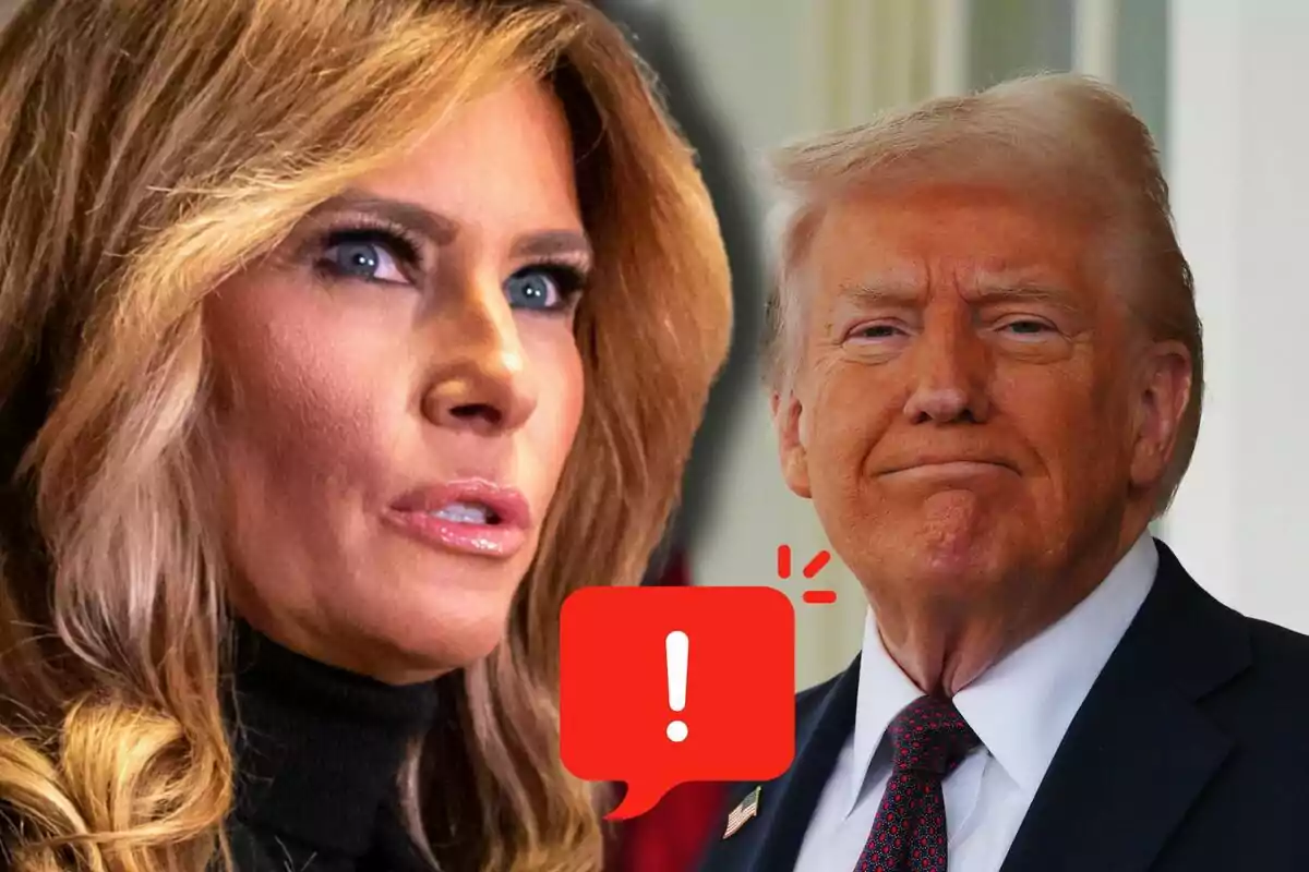 Melania and Donald Trump with serious expressions, accompanied by a red warning icon with an exclamation mark.
