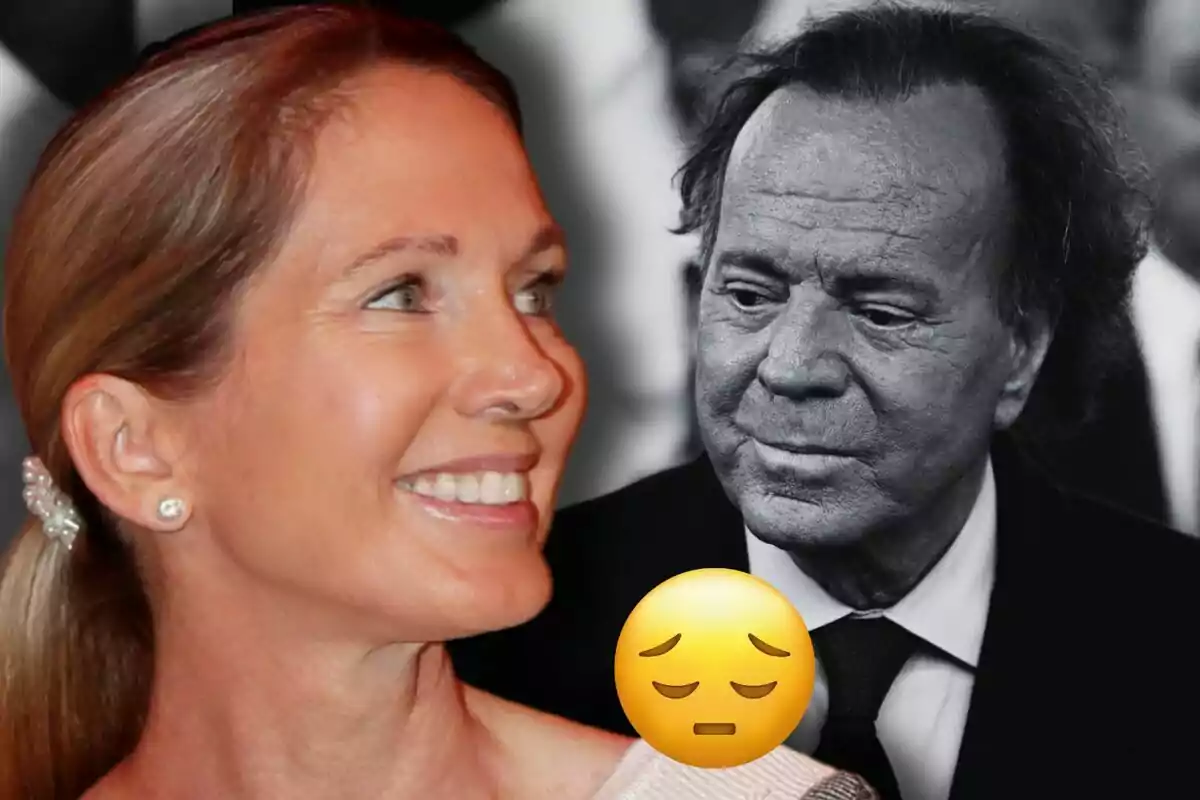Miranda Rijnsburger somrient en primer pla i Julio Iglesias en blanc i negre al fons amb un emoji de tristesa superposat