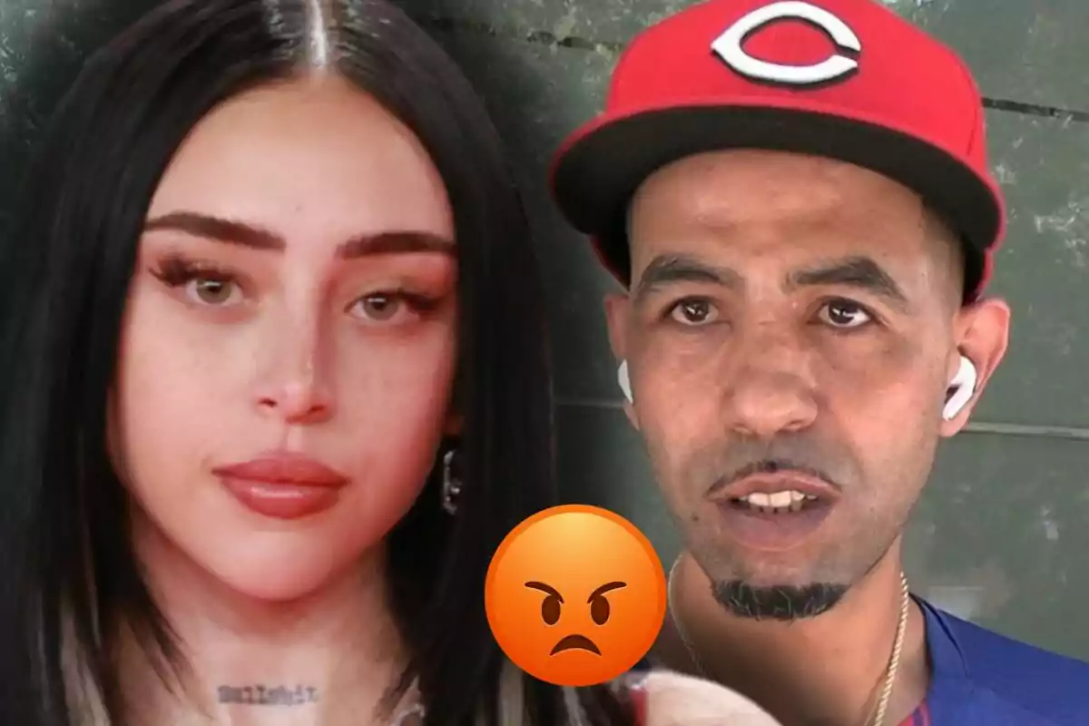 Nicki Nicole i Mounir Nasraoui mirant al front amb una cara seriosa i un emoji d’enfadament al centre de la imatge