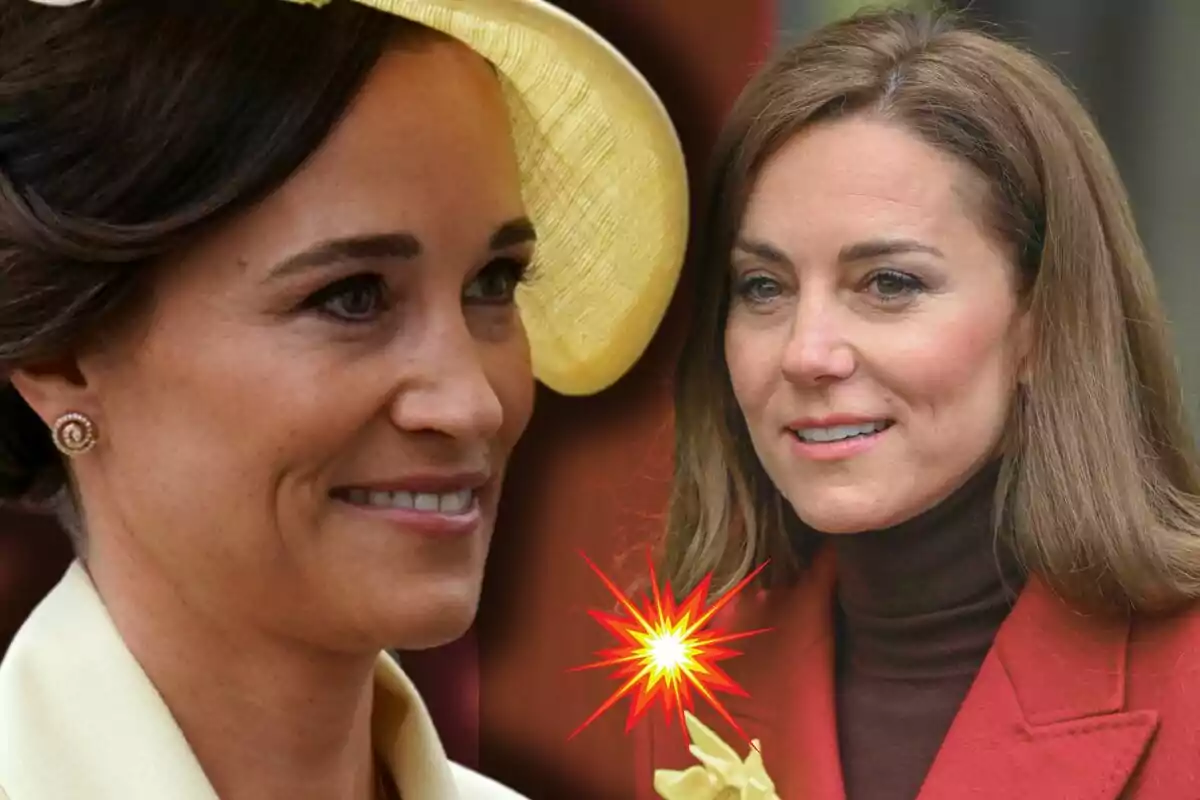 Pippa i Kate Middleton somrients en primer pla amb un esclat groc i vermell al centre de la imatge