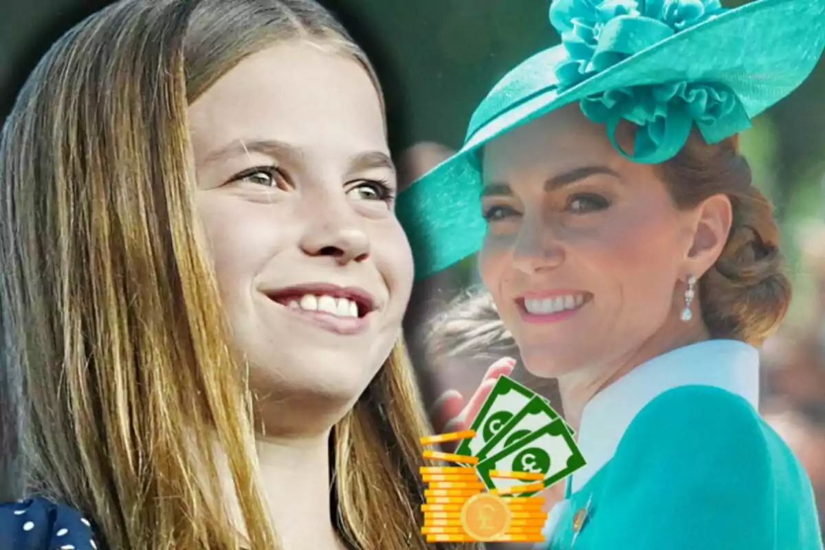 La princesa Charlotte sonriente junto a Kate Middleton elegante con sombrero verde y un gráfico de dinero en primer plano