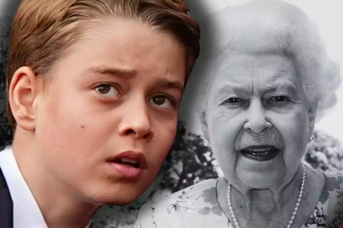 Prince George with a serious expression next to Queen Elizabeth II wearing a pearl necklace