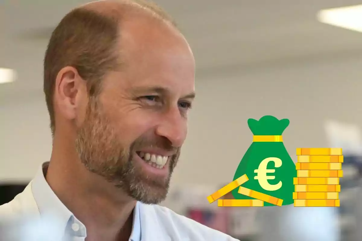 Smiling Prince William with a beard, with a money bag graphic and euro coins overlaid