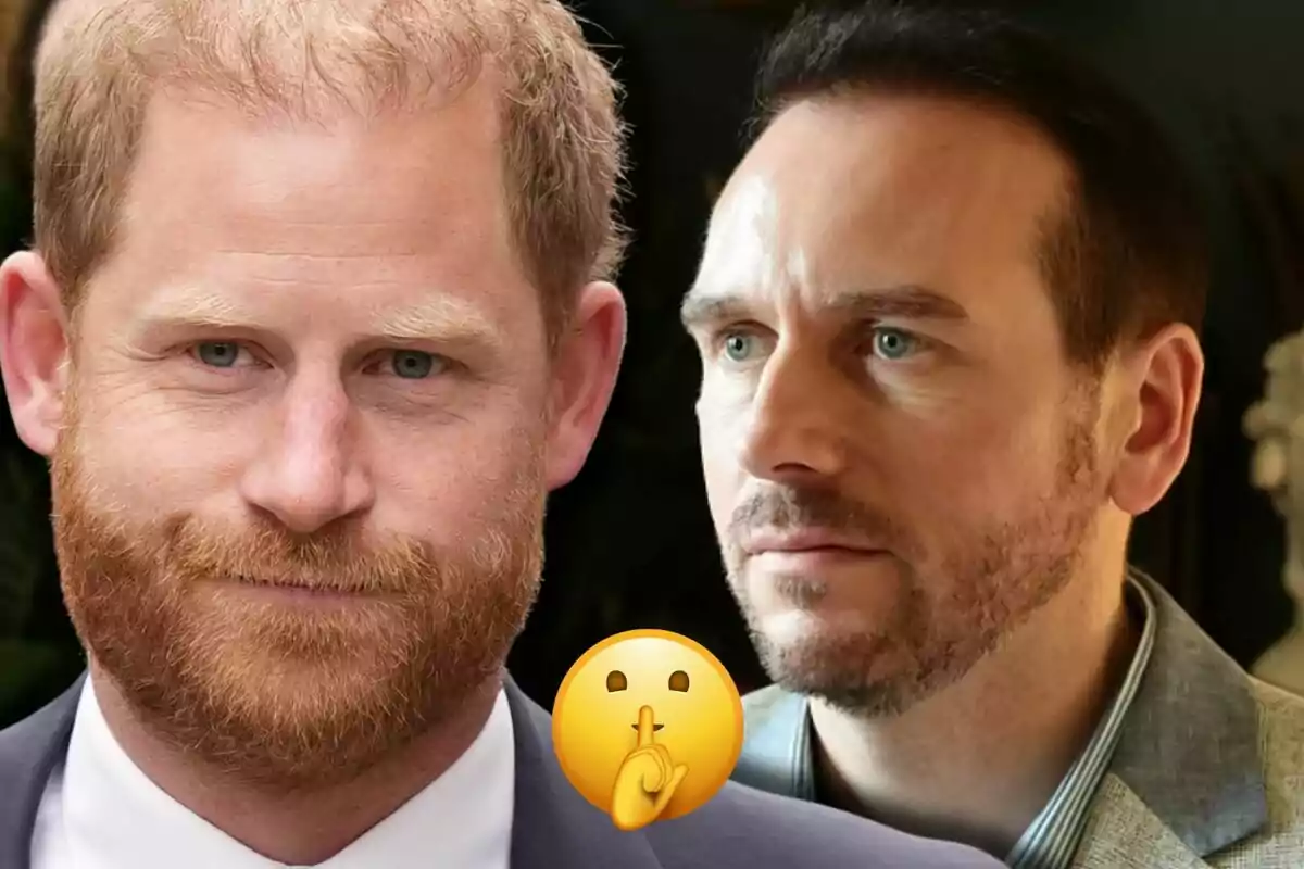 Prince Harry and Grant Harrold look in different directions, and a silence emoji appears in the foreground.