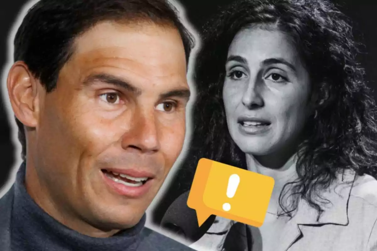 Primer plano de Rafa Nadal sonriente junto a la imagen en blanco y negro de Xisca Perelló y un ícono de advertencia amarillo superpuesto