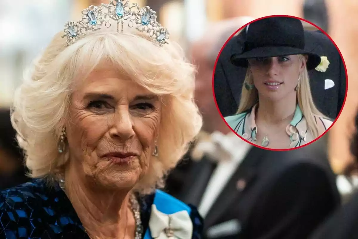 La reina Camila amb una tiara de pedres blaves i cabell ros, al fons un cercle vermell mostra la Laura Parker amb barret negre i arracades llargues.
