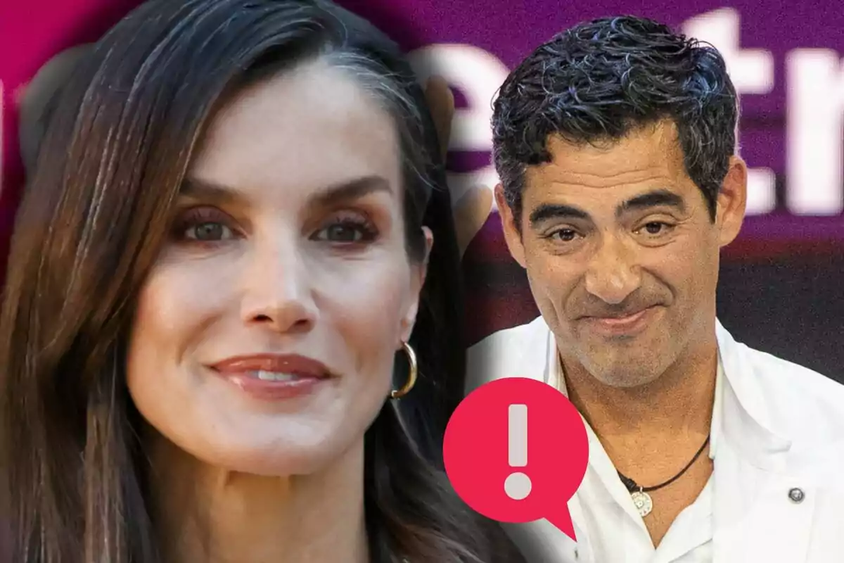 Primer pla de la reina Letícia i Andreu Genestra amb bata blanca, tots dos mirant cap a la càmera, amb una icona d’exclamació rosa sobre la imatge.