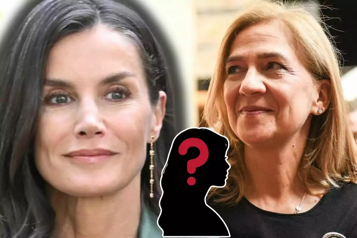Queen Letizia and Infanta Cristina looking in different directions with a black silhouette in profile and a red question mark in the center