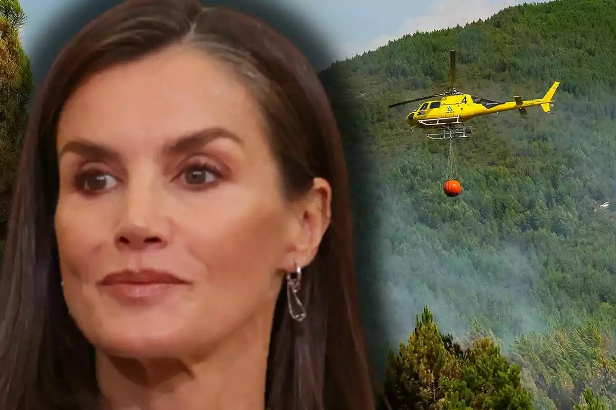 Rostro de la reina Letizia en primer plano con expresión seria y al fondo un helicóptero amarillo sobrevolando un bosque con un contenedor de agua colgando