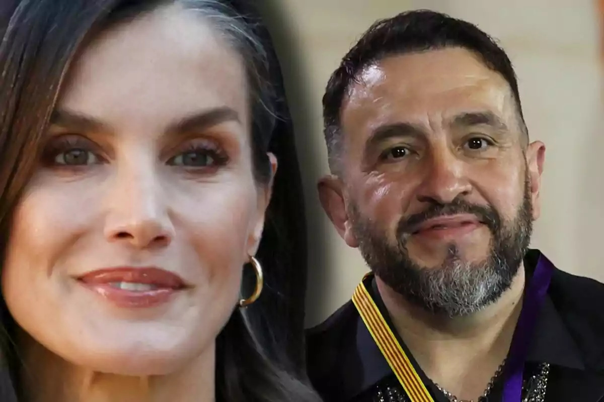 Close-up of Queen Letizia and Tony Bonet with a medal, both looking at the camera