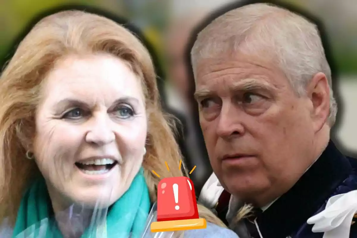 Sarah Ferguson and Prince Andrew in the foreground with a warning siren drawn in the center