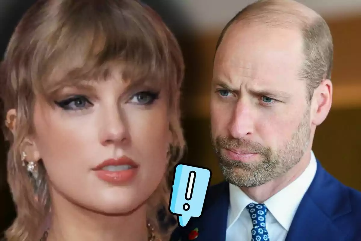 Taylor Swift i el príncep Guillem mirant en direccions oposades amb una icona d’exclamació blava entre ells