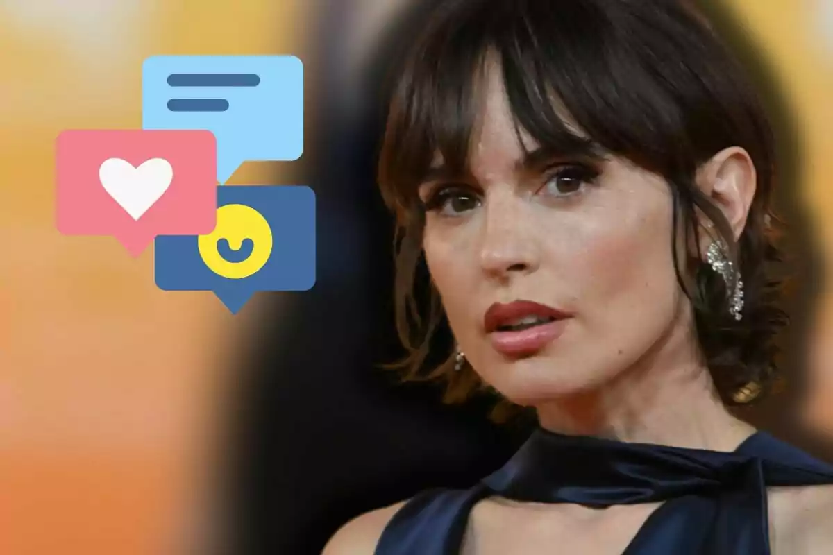 Verónica Echegui amb expressió seriosa i fons desenfocat, acompanyada d’icones de missatges i reaccions digitals